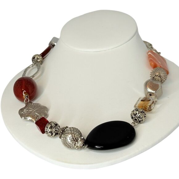 Glass Beaded Long Necklace 33" Silver Tone Boho Chic Bohemian - Picture 5 of 9